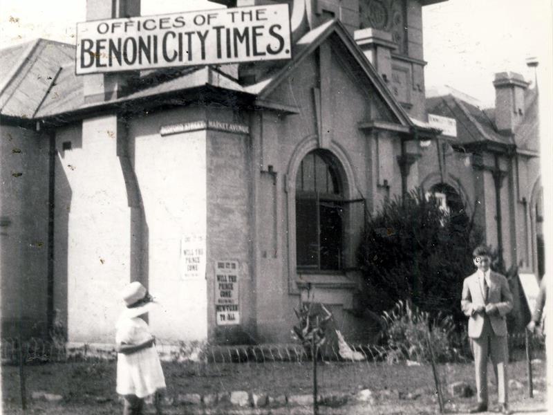 A black and white photo of the old Benoni City Times building in Benoni CBD.
