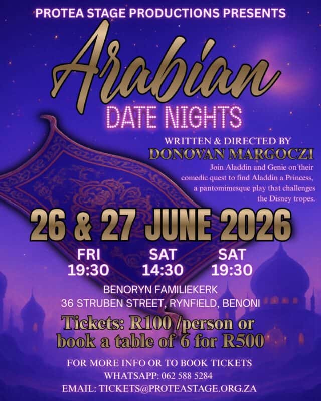 A poster advertising a stage production called Arabian Date Nights with a purple background and a flying carpet behind the text.