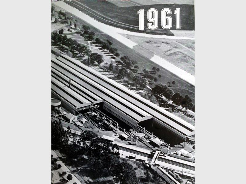 An aerial view of Dunswart Steel Works with the date stamp 1961 in black and white.