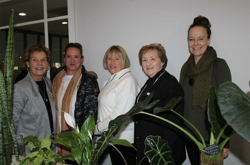 Group of women standing behind plants