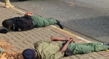 Uniformed officers laying face down on the pavement
