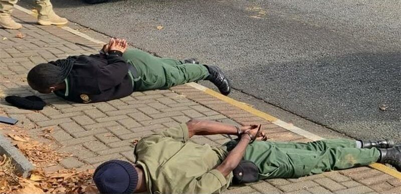 Uniformed officers laying face down on the pavement