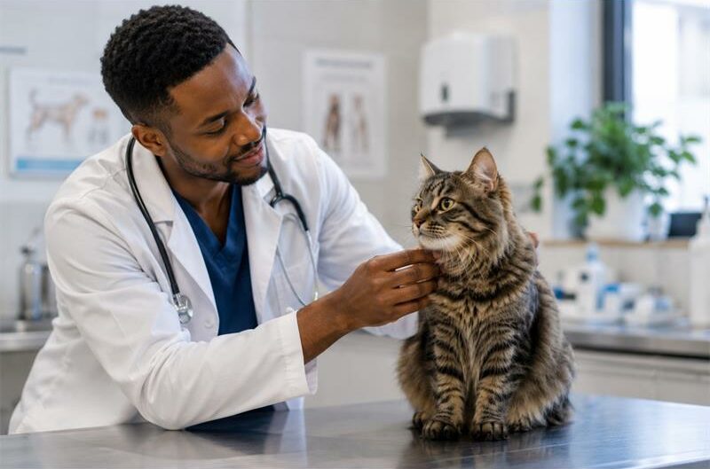 Vet tending to a cat