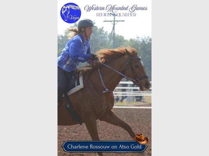 A rider wearing blue on a brown horse galloping.