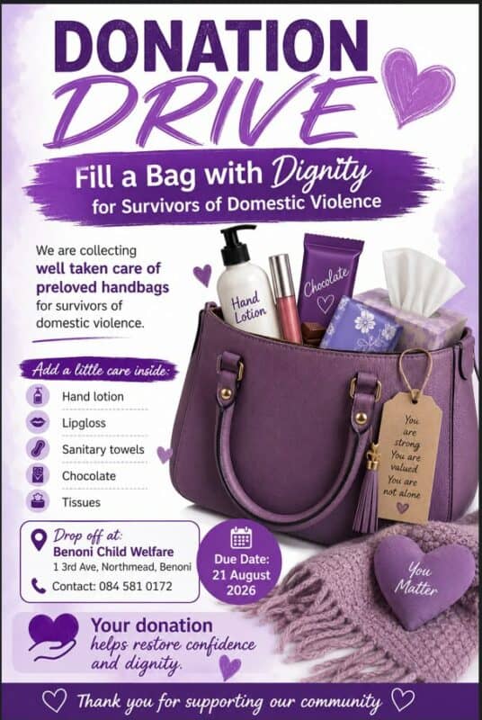 A poster with purple writing on a white background and showing an image of a handbag filled with goodies.