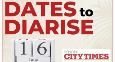 A black and white image with the words dates to diarise in red and the benoni city times logo and a calendar date showing 16 June.