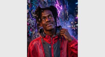A photo of a black musician wearing a red jacket with a neon sign in the background.