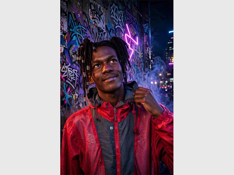 A photo of a black musician wearing a red jacket with a neon sign in the background.