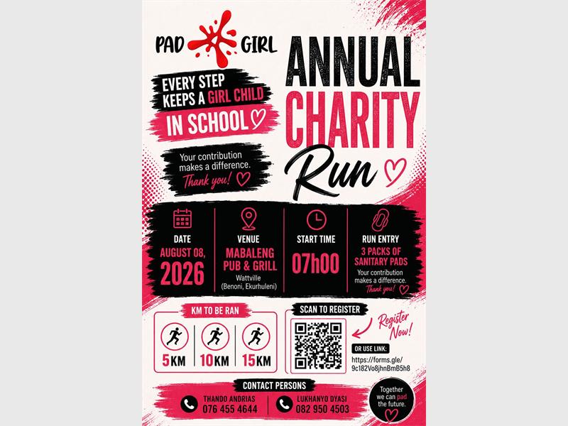 A pink and black poster advertising a annual charity run.