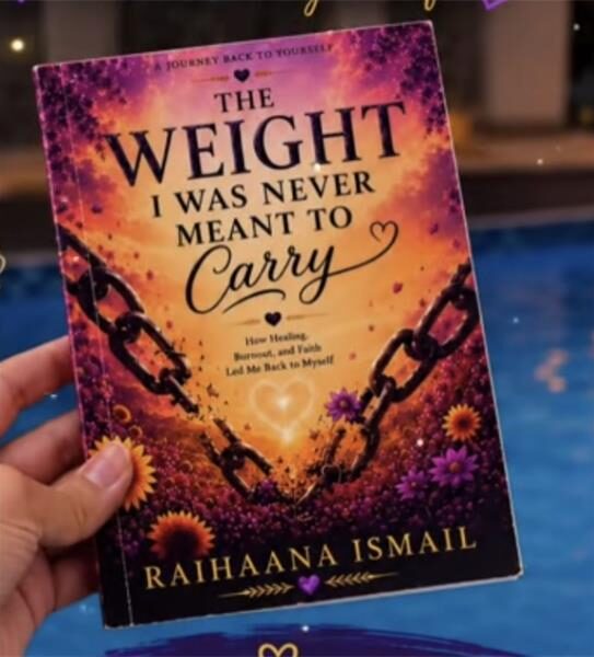 A book cover entitled The Weight I was Never Meant to Carry with a hand holding the book.