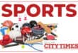 An image with benoni city times logo, the word sports and a pile of sporting equipment.