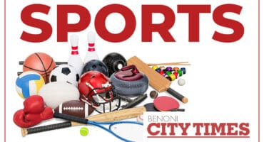 An image with benoni city times logo, the word sports and a pile of sporting equipment.