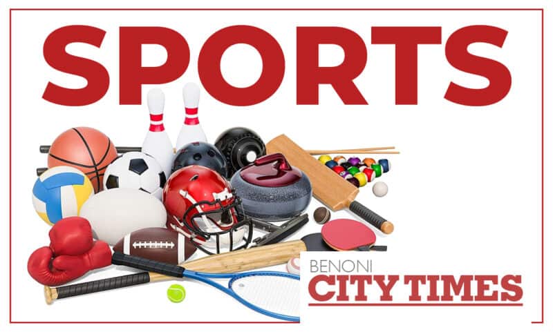An image with benoni city times logo, the word sports and a pile of sporting equipment.