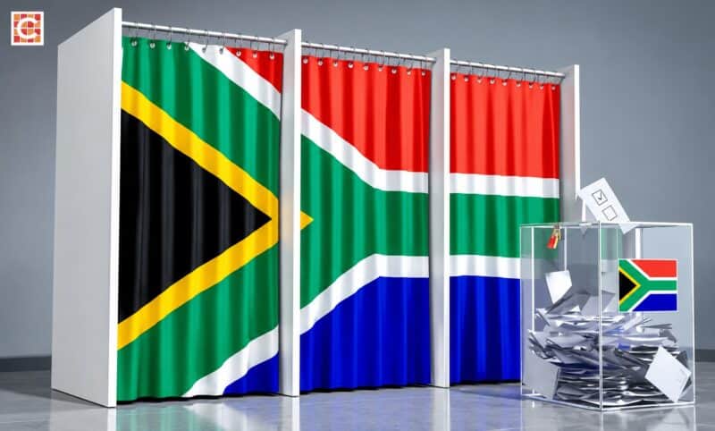 South African flag depicted as voter booths