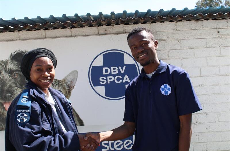 Black man wearing an SPCA shirt shakes hands with a black woman wearing an SPCA inspector's jacket