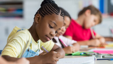 Cute,Pupil,Writing,At,Desk,In,Classroom,At,The,Elementary