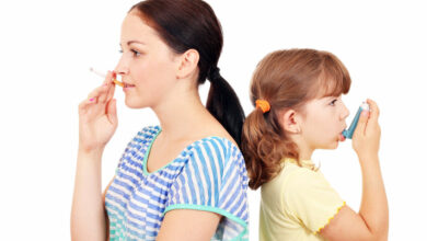 girl smoking cigarette and little girl use inhaler