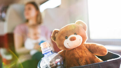 Young mother travelling with baby by train.