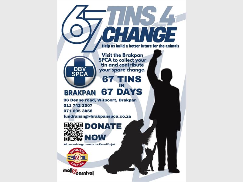Honour Nelson Mandela’s legacy with action. Pick up a Mandela Tin from the Brakpan SPCA and help collect 67 days of change.