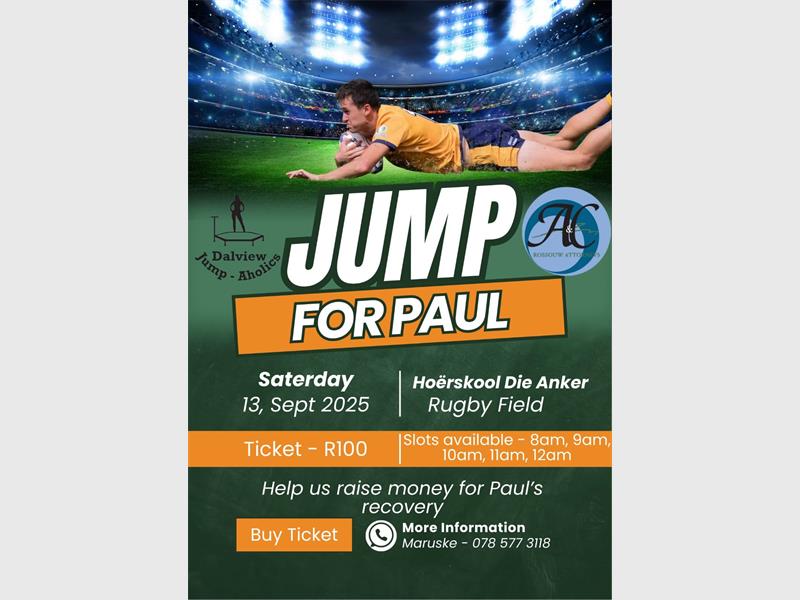 Intussen hou Paul moed met die steun van sy gesin, vriende, skool en gemeenskap en Saterdag word ’n spesiale Jump-a-Thon aangebied om sy pad na herstel te help dra.