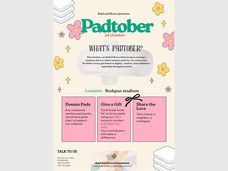 The Bold and Brave Foundation invites the community to join its pad donation drive on October 24.