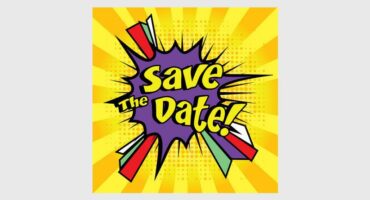 Save the date poster with comic book style text.