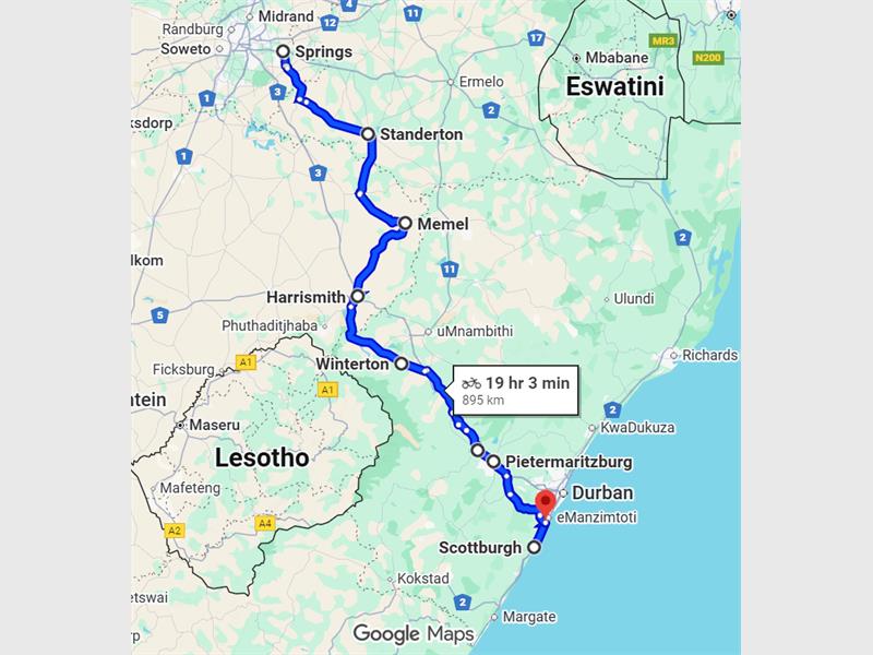 The Moped Madness scooter club shared its detailed route for a three-day, 895km charity ride from Springs to Scottburgh to raise money for the Jabes Care Centre.