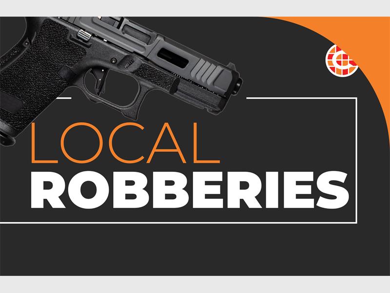 Three men posing as customers held staff at gunpoint, assaulted an elderly woman and fled with cash, jewellery, cellphones and dozens of batteries.