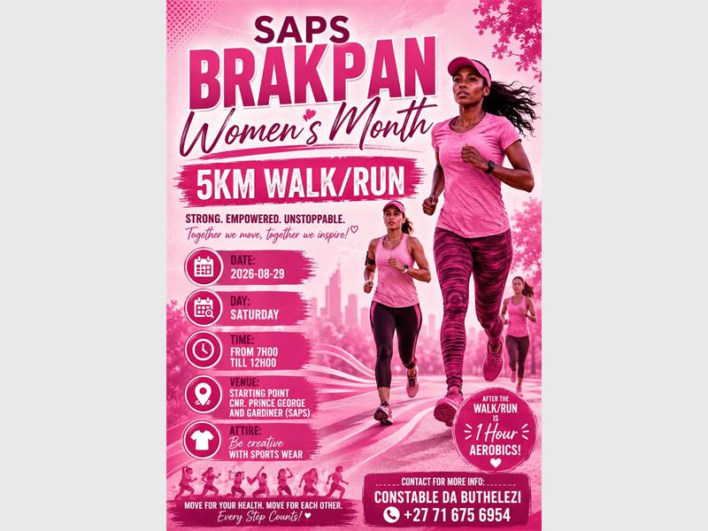 Lace up and get active as Brakpan SAPS hosts a Women’s Month 5km walk/run, followed by aerobics.