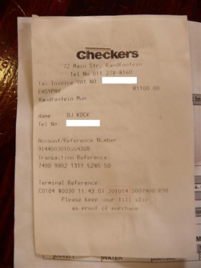 The slip Kock recieved on 20 October, after he paid his bill.
