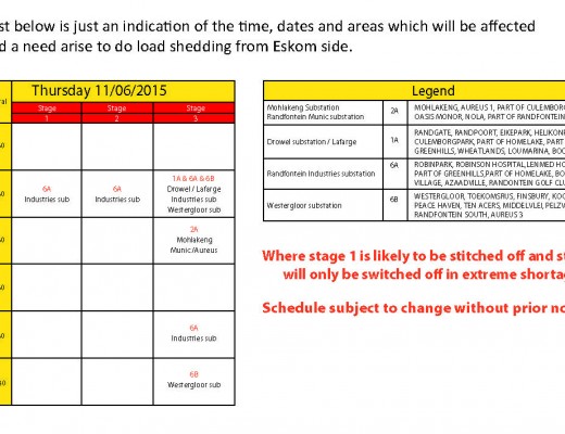 Randfontein will only be affected if stage 3 of load shedding is implemented today.