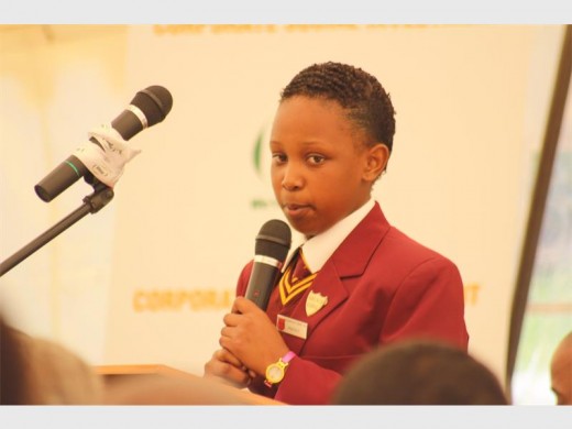 Khanyisile Jwagu, Head Girl at Sedimosang Primary School giving a thank you speech from the school. Photo: Roxy de Villiers