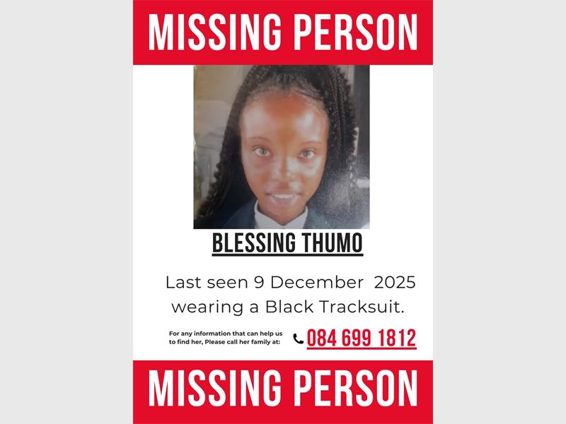 Sixteen-year-old Blessing Thumo has been missing since December 9 after she was last seen boarding a taxi to Randfontein.