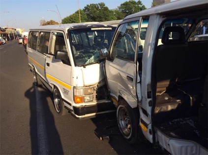 TEN people were injured when these taxis collided head-on in the CBD this morning. PHOTOGRAPH: The Legend @MedixGauteng
