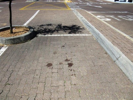 A 45 degree slanted curb to the right and a vertical dead tree circle to the left, which is not visible from the driver’s seat, at Glen Acres Shopping Centre.