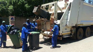 Sanitation workers in blue uniforms collect trash bins into a white garbage truck on a sunny day. Teamwork and efficiency are evident.