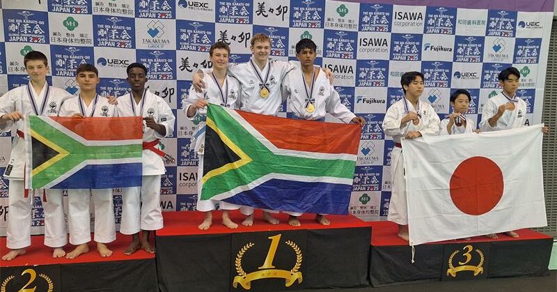 Stefan van der Merwe and his Linksfield Goju Kai Dojo cadet boys unison kata team triumphed over 1,300 competitors from 35 countries to claim gold at the 8th Karate-Do Goju Kai Global Championships in Chiba, Japan.