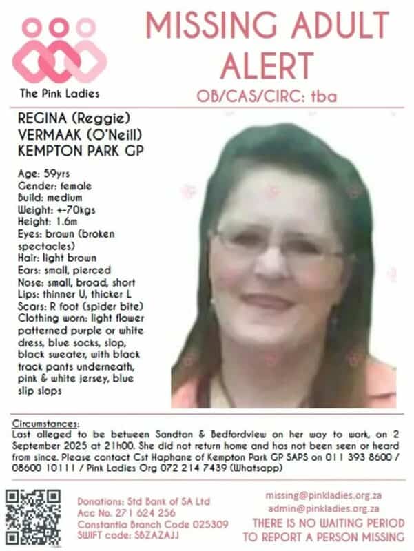 Regina was last seen on September 2. It is believed she left for work at around 21:00 and may have been travelling between Bedfordview and Sandton at the time. Photo: Supplied.