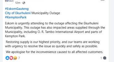 Eskom Facebook post about a power outage affecting Ekurhuleni Municipality, including O.R. Tambo Airport and Kempton Park. The post emphasizes urgency in resolving the issue and apologizes for inconvenience caused
