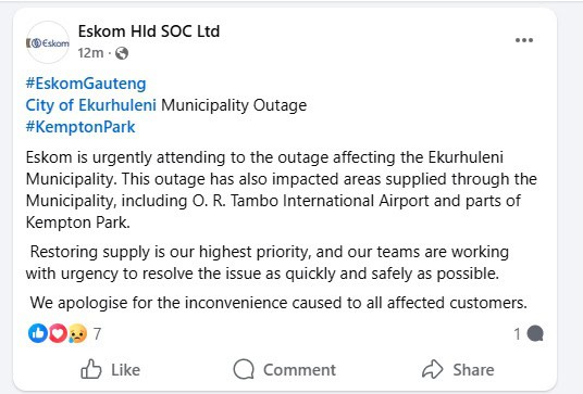 Eskom Facebook post about a power outage affecting Ekurhuleni Municipality, including O.R. Tambo Airport and Kempton Park. The post emphasizes urgency in resolving the issue and apologizes for inconvenience caused