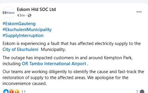 A screenshot of the post by Eskom confirming the fault.