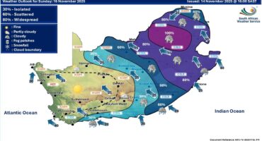 Map of South Africa's weather forecast for November 16, 2025. It shows various regions with cloud symbols, temperatures, and rainfall percentages. Western areas are warm and dry, while eastern regions are colder with high chances of rain