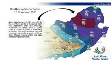 "Weather map of South Africa for November 16, 2025, showing rain predictions. High rainfall (100%) in the northeast and varying percentages (30%-80%) across other regions. Text warns of potential heavy rain in Gauteng and Limpopo. South African Weather Service logo at the bottom right.