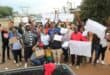 A diverse group of people cheerfully hold protest signs on a roadside, conveying unity and determination. Power lines and trees are visible in the background.