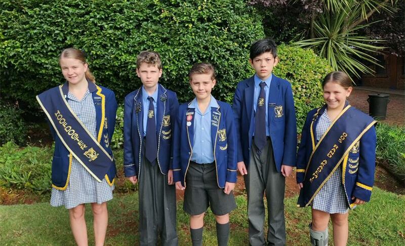 Misha Viljoen, Tiaan van Wyk, Hanro Nagel, Jacobus le Roux and Chanlee Evertse appointed as primary school leaders for the year.