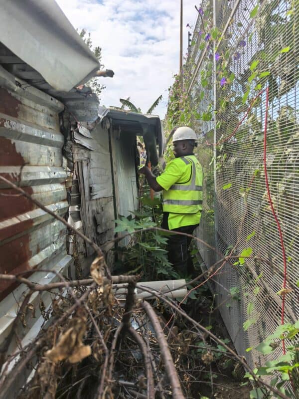 A person in a high-visibility vest and hard hat inspects a weathered corrugated metal structure. They stand between the structure and a fence covered in green vines, conveying a tone of focus in a dense environment.