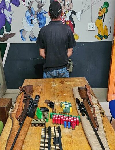 56-years-old male was arrested and charged with possession of unlicensed firearms and ammunition, pointing of a firearm, and handling a firearm while under the influence of alcohol.