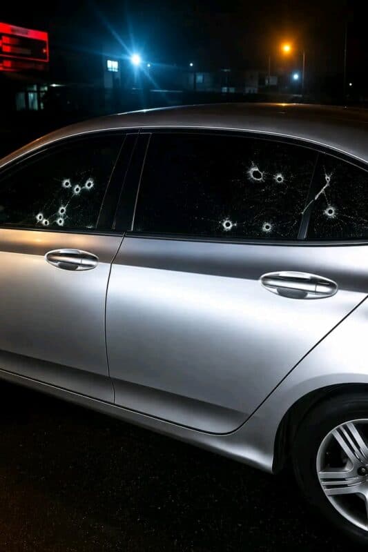 A silver sedan parked at night features multiple circular impact holes and spiderweb-like cracks across its dark, tinted side passenger windows.