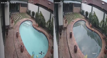 Split-screen security footage shows a curved backyard swimming pool, blue and clear on the left and reflecting cloudy skies on the right, with patio plants.