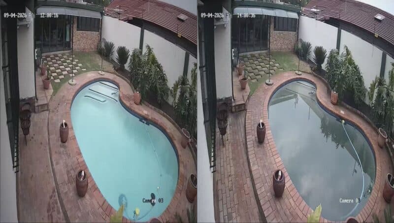 Split-screen security footage shows a curved backyard swimming pool, blue and clear on the left and reflecting cloudy skies on the right, with patio plants.